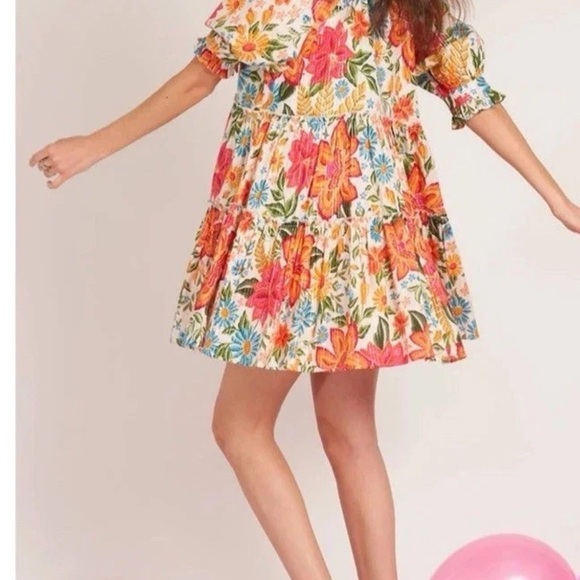 En Crème Floral Printed Puff Sleeve Tiered Mini Dress with Lurex Medium - Picture 2 of 15